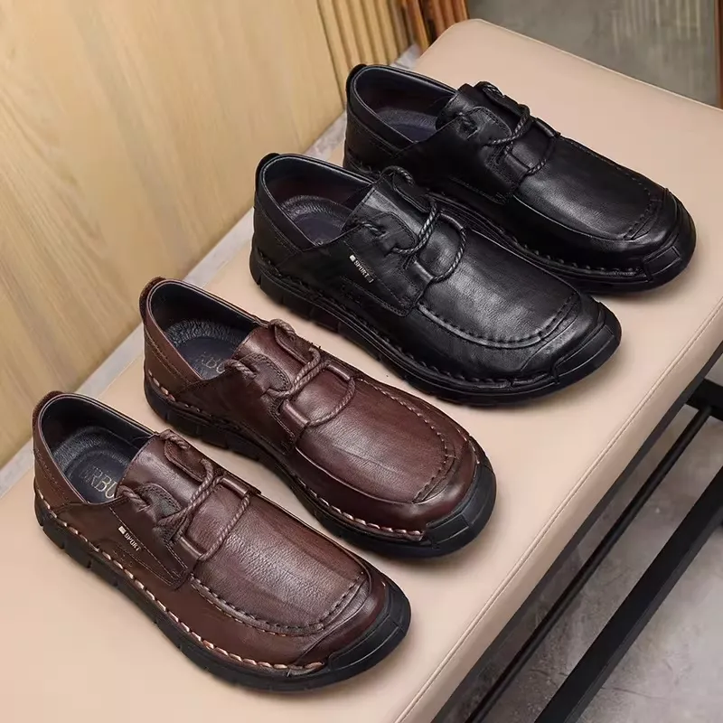 High-End Leather Shoes for Men 2025 New Men's Casual Shoes Wide Round Toe Breathable Genuine Leather Cowhide Men